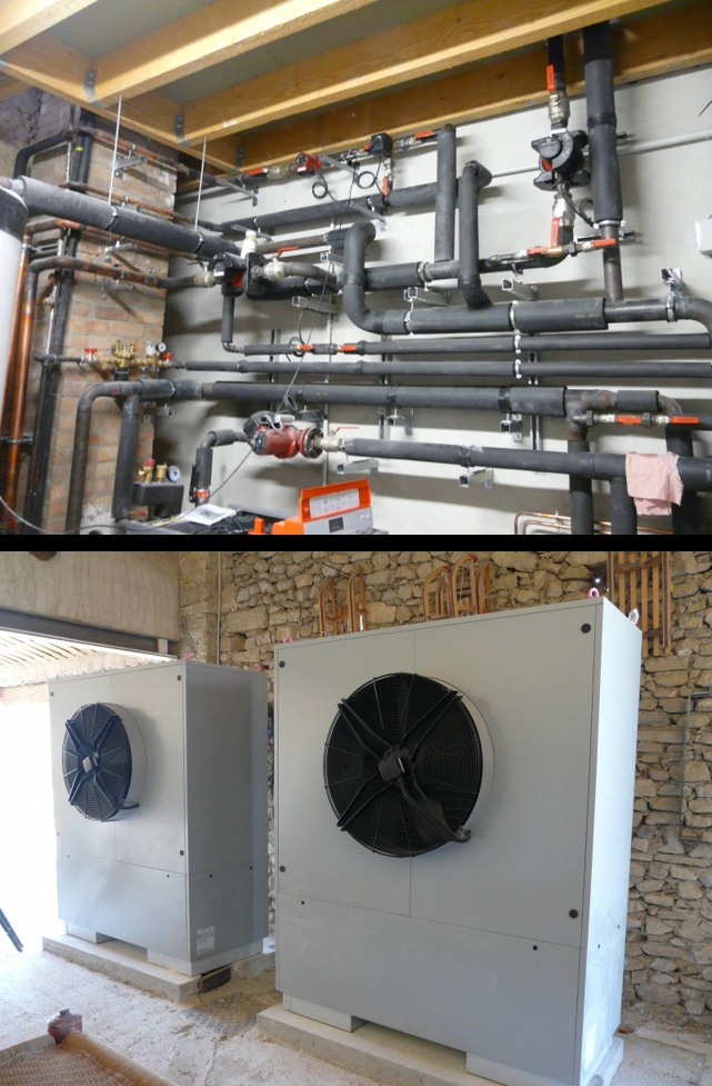 Pose d’une solution de pompe à chaleur (air / eau), dans une maison à «Le Barroux» (Vaucluse, 84).