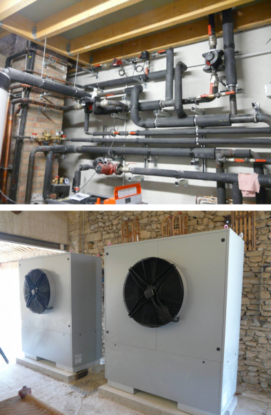 Pose d’une solution de pompe à chaleur (air / eau), dans une maison à «Le Barroux» (Vaucluse, 84).